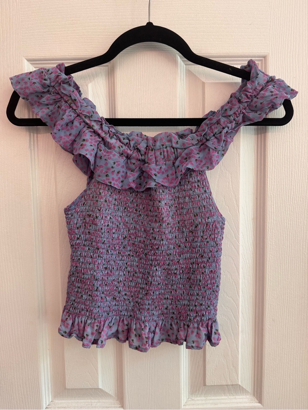 FLETCH Floral Smocked Off The Shoulder Ruffle Top Purple Size Small